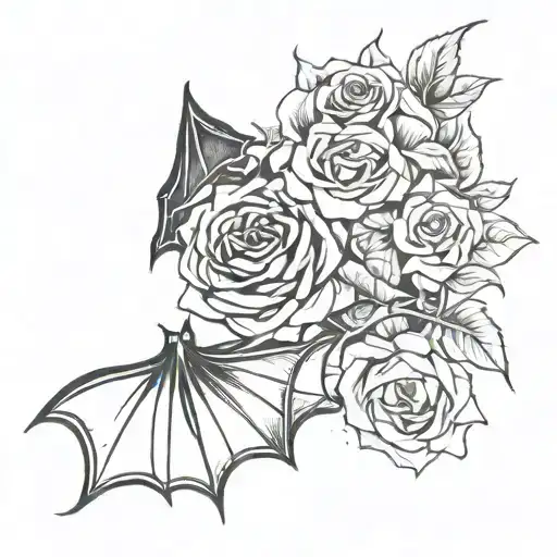 bat hanging upside down with roses intertwined tattoo design idea