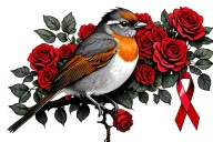 Robin with 2 legs sitting on branch surrounded by a lot of red roses with a cancer ribbon hanging off the end of it tattoo design idea