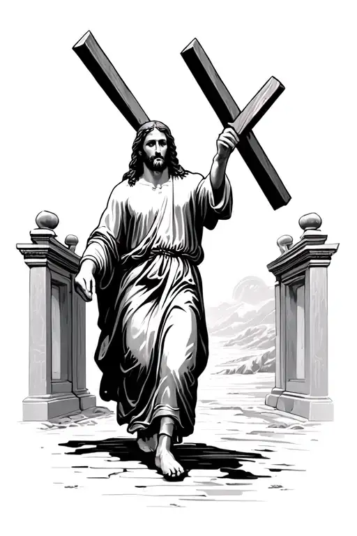 Jesus walking towards gates of heaven carrying cross tattoo design idea