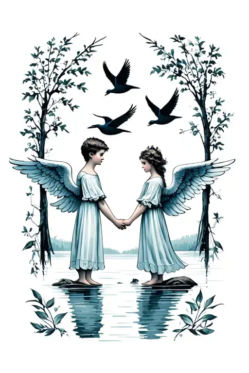 chikd boy girl angels holding hands towards lake with four birds flying above tattoo design idea