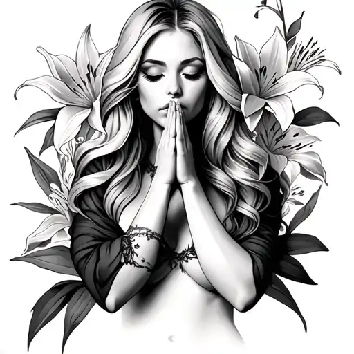 sexy blonde women praying with lilys backround tattoo design idea
