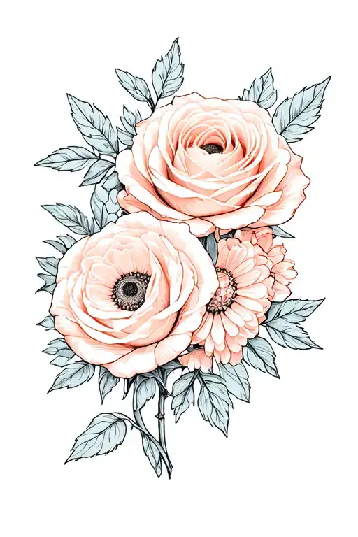 flower intertwined rose, daisy, Ranunculus Purple Sensation, DogwoodLilacPeach color Rose, Hydrangea tattoo design idea