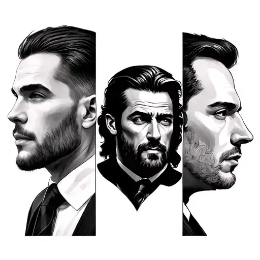 create a collage with 3 different faces from the same man. a family father, a business man and a cunning man tattoo design idea