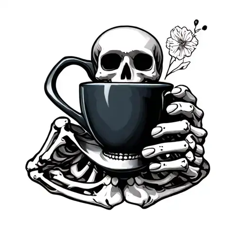 Skeleton holding espresso cup tattoo design idea