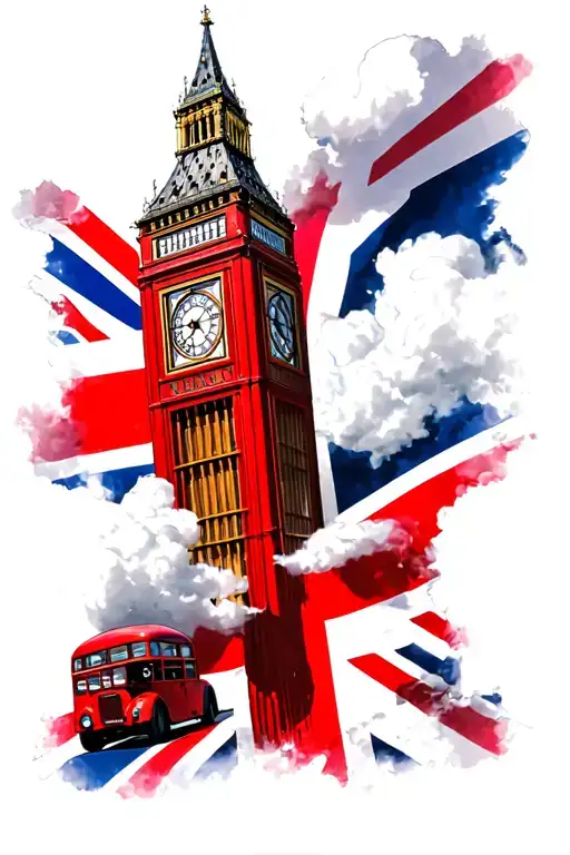Big Ben tower, red telephone box, red double decker bus, clouds, Union Jack  tattoo design idea