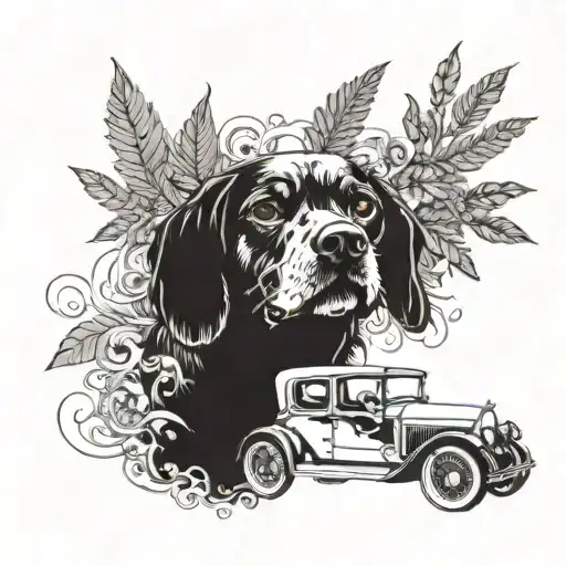 A dog driving a vintage car, with smoke weed plants growing out of the windows tattoo design idea