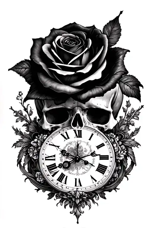 skull with black rose and clock memento mori memento vivere tattoo design idea