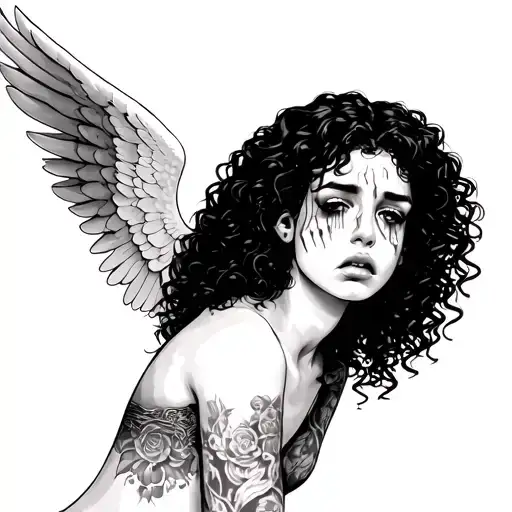 female curly hair Latina angel crying tattoo design idea