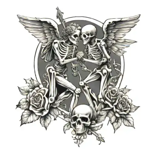 Cupid aiming at skeleton couple getting married tattoo design idea