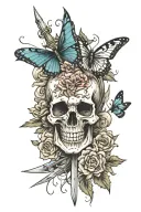 skull with a dagger surrounded by flowers and butterflies  tattoo design idea