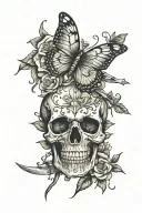 skull with a dagger surrounded by flowers and butterflies  tattoo design idea