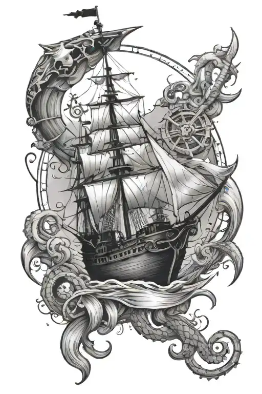 pirate ship, anchor, compass, mermaid swimming tattoo design idea