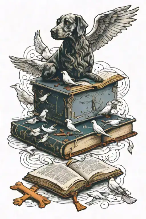 heaven dog playing with doves and a bible verse tattoo design idea