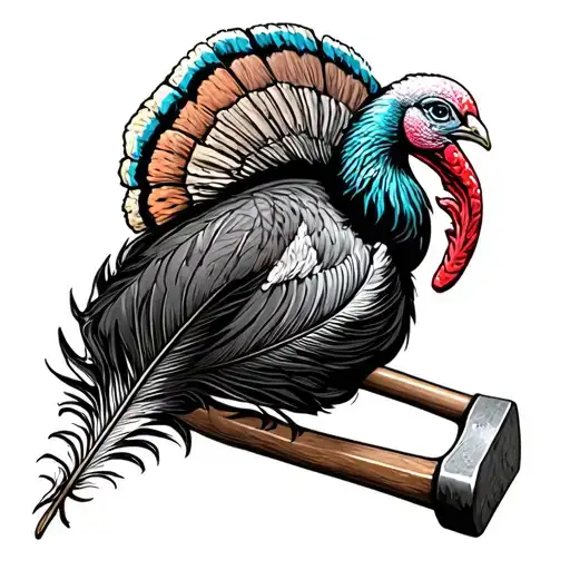Turkey feather with sledge hammer and pinup girl  tattoo design idea