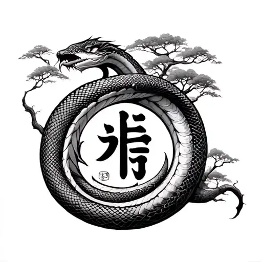 ouroboros snake biting its own tail and posion trees in the middle the kanji love sign  around it tattoo design idea