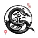 ouroboros snake biting its own tail and posion trees in the middle the kanji love sign  around it tattoo design idea