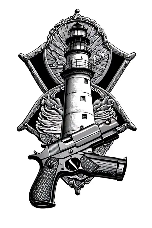 gun and lighthouse and police badge tattoo design idea