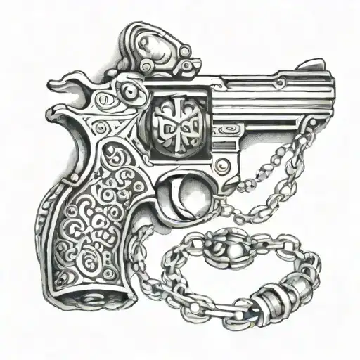 hand gun and rosary beads tattoo design idea