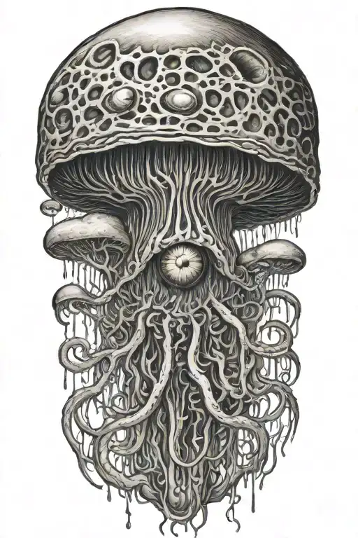 mushroom shaped jellyfish morphing into an eyeball  tattoo design idea