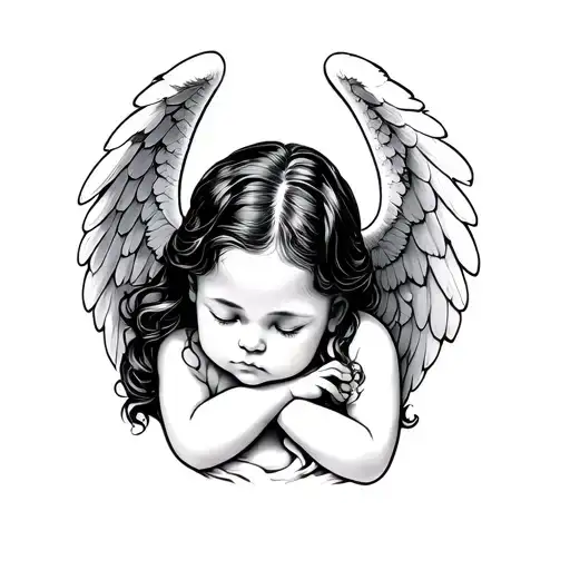 I want a guardian girl baby angel. I want a dimple on her cheek. Make it seem likes she’s sleeping. I want her hands res tattoo design idea