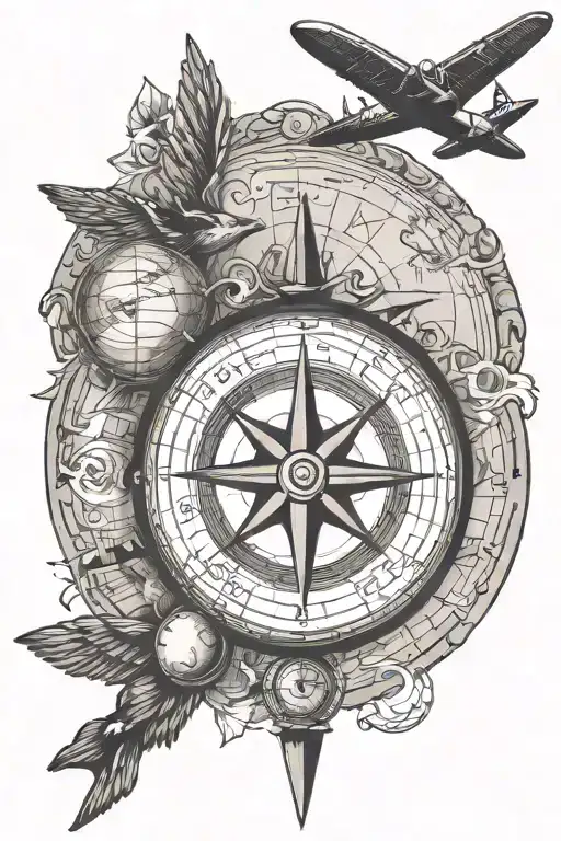 travel inspired tattoo featuring compass, plane, globe tattoo design idea