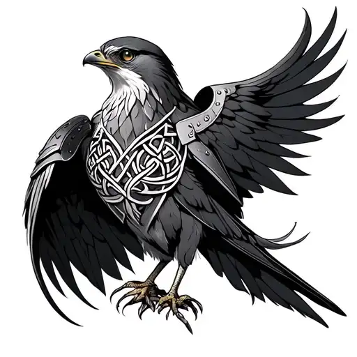 feminine sparrowhawk with celtic armour  tattoo design idea