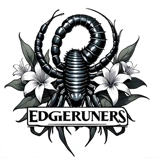 make a  long centipede wrapped around the edgerunners logo and spider lilys around make it look gothic  tattoo design idea