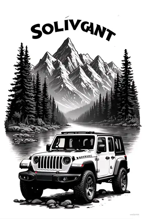 "Solivagant" "Solivagant" "Solivagant" "Solivagant" topless jeep wrangler in wilderness creek and mountains joined together tattoo design idea