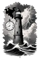 lighthouse in storm with crashing waves and lightning white a busted clock in clouds and nautical map backround tattoo design idea
