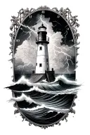 lighthouse in storm with crashing waves and lightning white a busted clock in clouds and nautical map backround tattoo design idea