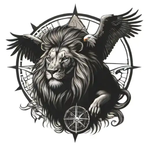 lion, eagle and compass tattoo design idea