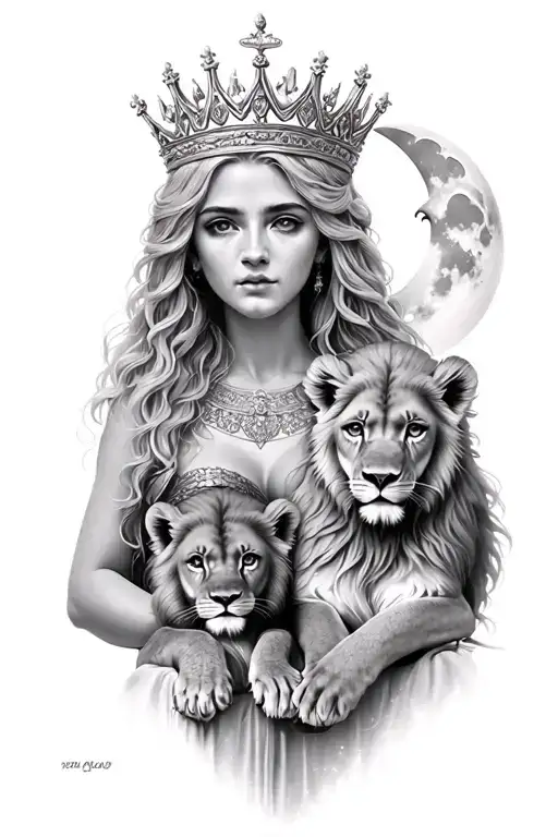 black & grey realism- beautiful greek goddess with light color hair, wearing crown, 2 lion cubs and moon tattoo design idea