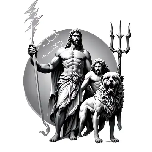 Zeus holding a lightning bolt, Poseidon with trident, hades with Cerberus  tattoo design idea