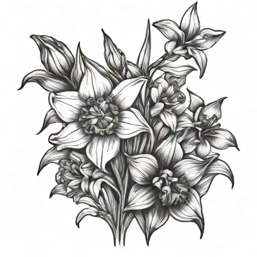 daffodil and violet and irises and poppy and larkspur fine line tattoo design idea