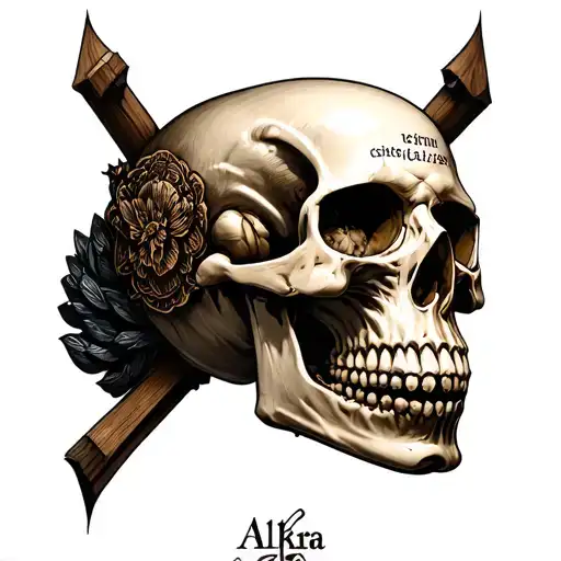 hand skull peice with the words allkira in the middle tattoo design idea