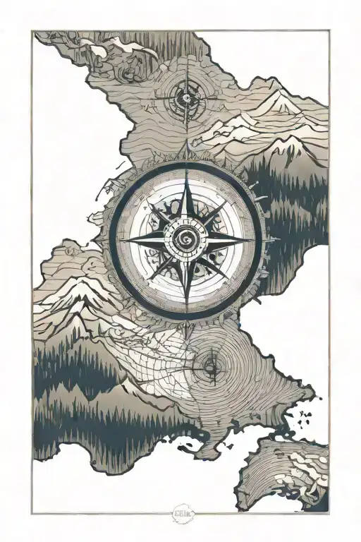 A compass line out, the top left quadrant part of the map showing Alaska, top right quadrant a tall pine with mountain i tattoo design idea