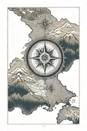 A compass line out, the top left quadrant part of the map showing Alaska, top right quadrant a tall pine with mountain i tattoo design idea