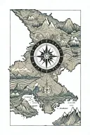 A compass line out, the top left quadrant part of the map showing Alaska, top right quadrant a tall pine with mountain i tattoo design idea