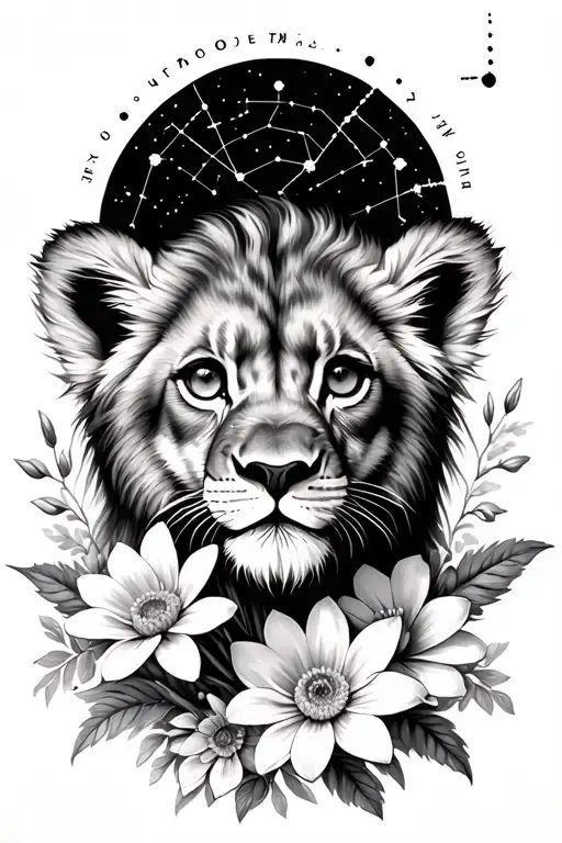 small lion cub surrounded by Virgo constellation, bouquet of asters, delphinium, water lilies and morning glories tattoo design idea