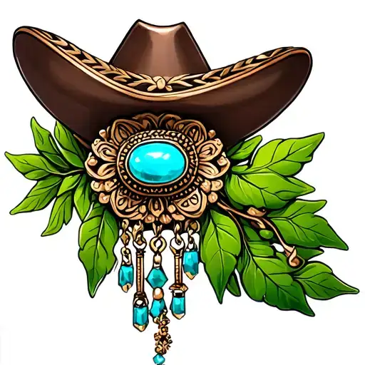 western brooch turquoise with dangle charms with green leaves around it tattoo design idea