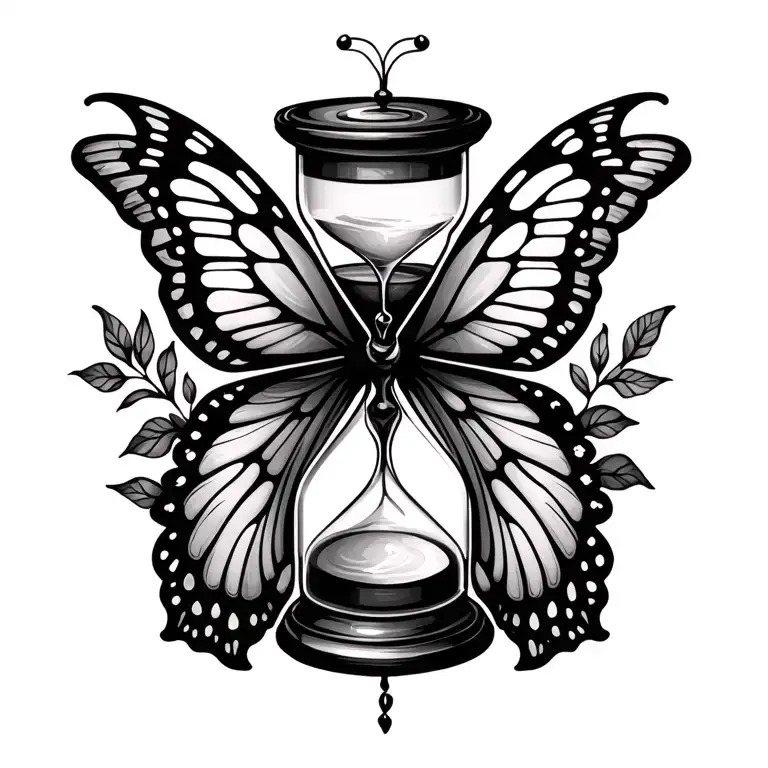 A black-grey tattoo of a stylized hourglass with butterfly wings, symbolizing the fleeting beauty of nature and the passage of time tattoo design idea