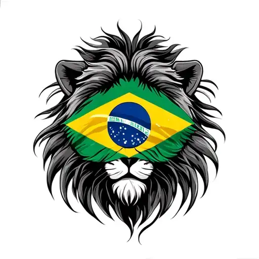 female lione head slightly turned in a black and grey american traditional style. one eye being the Brazilian Flag tattoo design idea