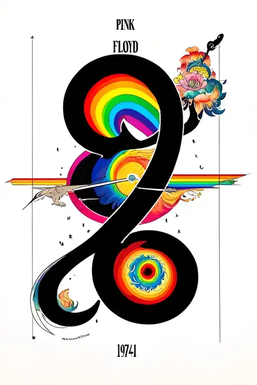Pink Floyd Time using roman numerals, a spirl, surrealist, rainbow and 1974 tattoo design idea