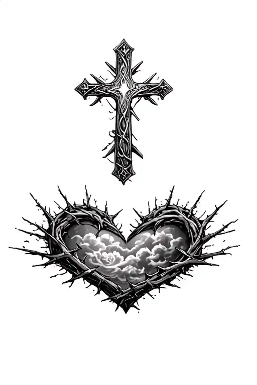 heart shape, clouds, rays, floral patterns, Norse cross, crown of thorns tattoo design idea