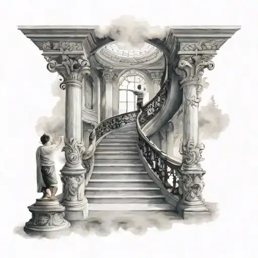 Grand Winding Staircase To Heaven With Little Boy Praying In Front Tattoo tattoo design idea