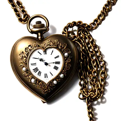 A heart-shaped pocket watch with a white pearl trim, set to midnight. tattoo design idea