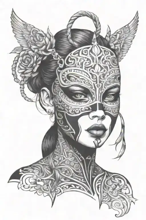 Female with latex mask tattoo design idea