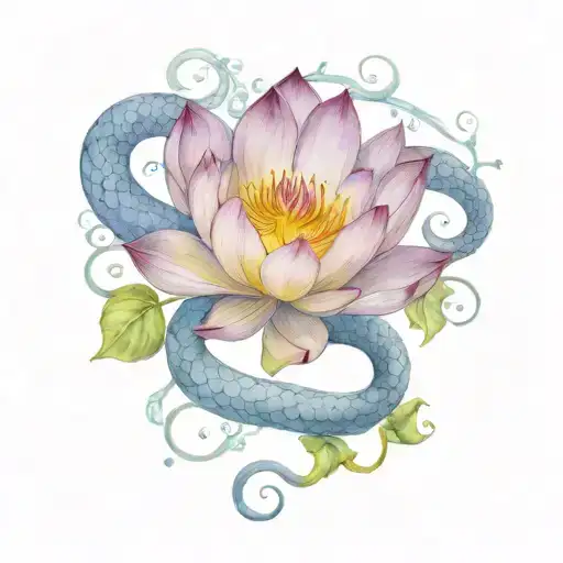moon snake lotus flower blooming tattoo design idea