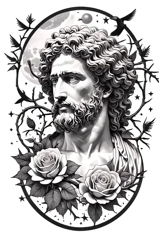 marcus aurelius and roses surrounded thorns earth sky moon stars birds tattoo design idea