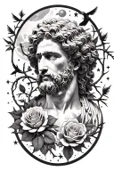 marcus aurelius and roses surrounded thorns earth sky moon stars birds tattoo design idea